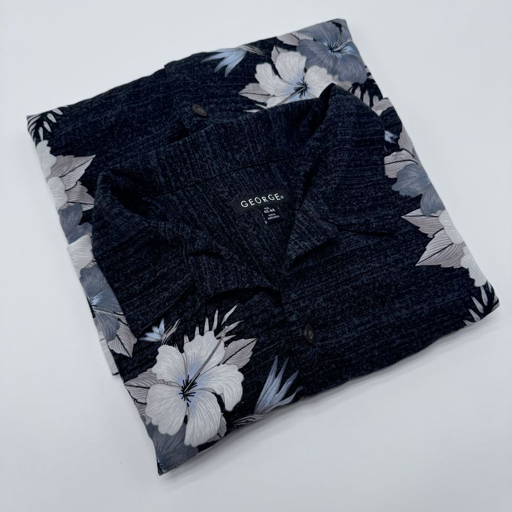 George Black Hawaiian Shirt w/ Gray Floral Pattern Button Down Rayon L/G 42-44‎ - Picture 8 of 8